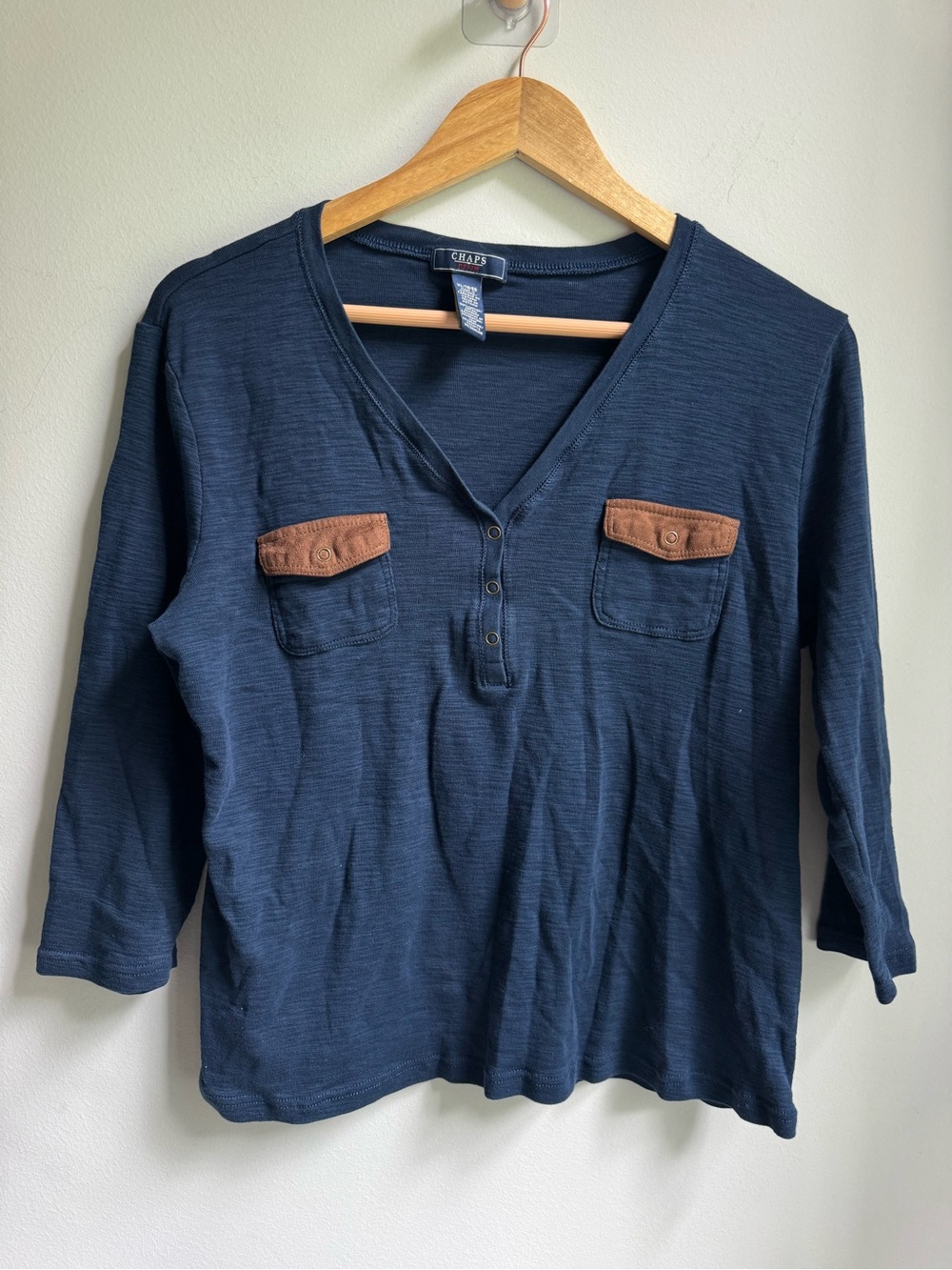 Chaps Navy V-Neck Long Sleeve Henley with Brown Pocket Flaps
